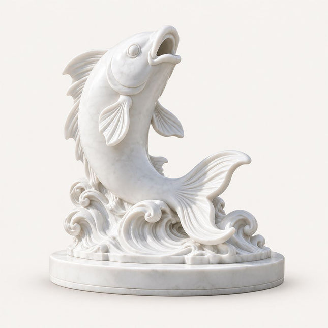 White marble leaping fish sculpture with an open mouth, detailed fins, curling waves, and a round base.
