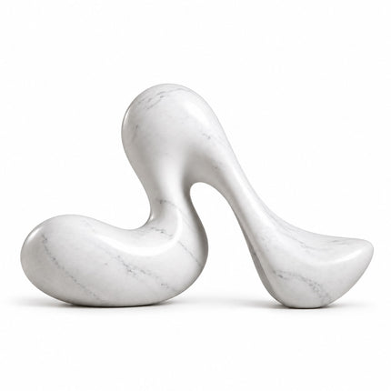 White marble sculpture with rounded organic curves and an arched opening