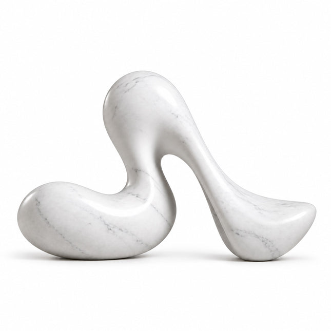 White marble sculpture with rounded organic curves and an arched opening