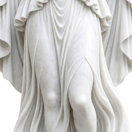 Close-up of flowing white marble dress folds and carved legs on the female figure