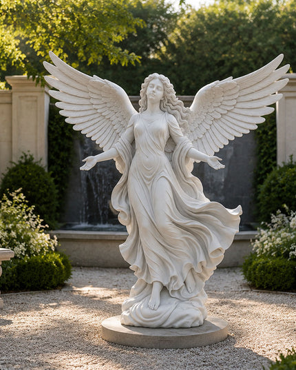 Winged angel statue carved in natural marble for religious and garden spaces