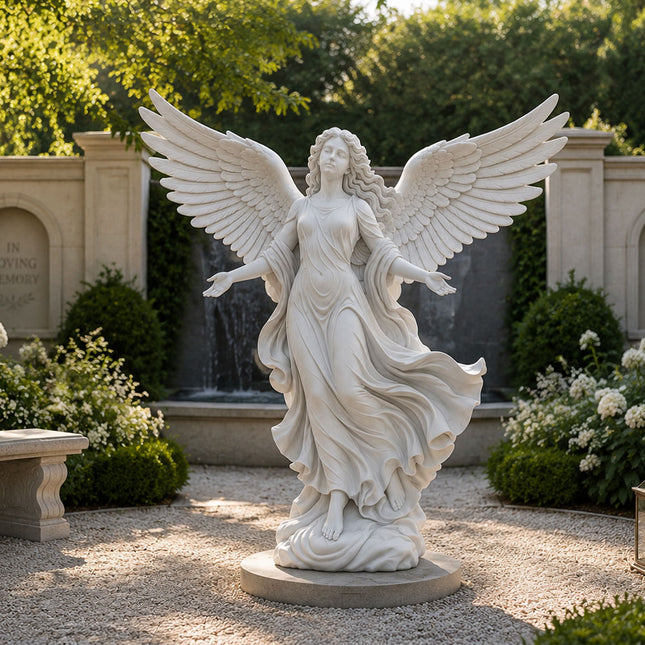 Winged angel statue carved in natural marble for religious and garden spaces