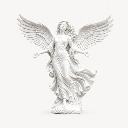 Full view of winged marble angel statue on a neutral background