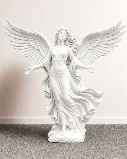 Full view of winged marble angel statue on a neutral background