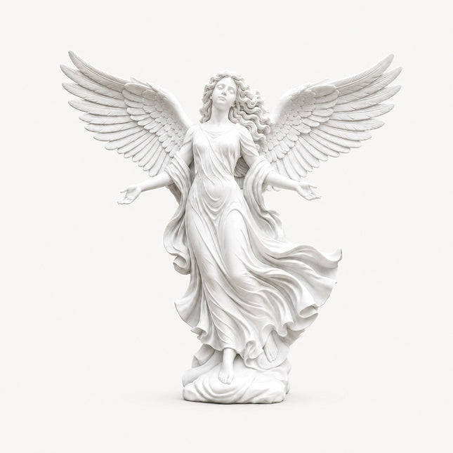 Full view of winged marble angel statue on a neutral background