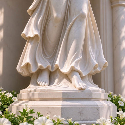 Close-up of flowing marble drapery, carved feet, and tiered base on a Winged Victory statue