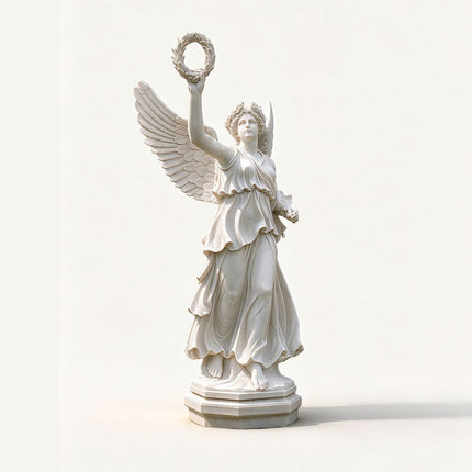 Winged Victory of Samothrace inspired marble statue with raised laurel wreath