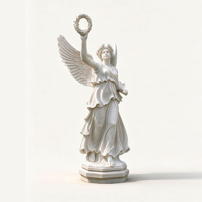 Winged Victory of Samothrace inspired marble statue with raised laurel wreath