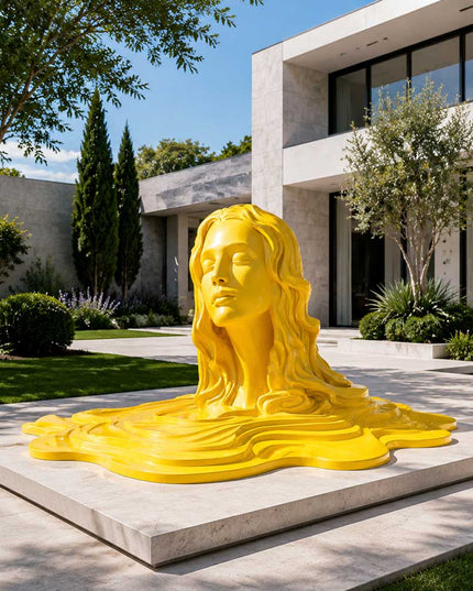 Contemporary yellow stainless steel figure sculpture installed in a modern garden landscape