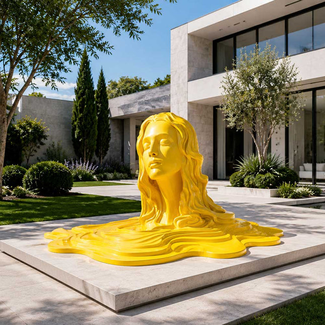 Contemporary yellow stainless steel figure sculpture installed in a modern garden landscape